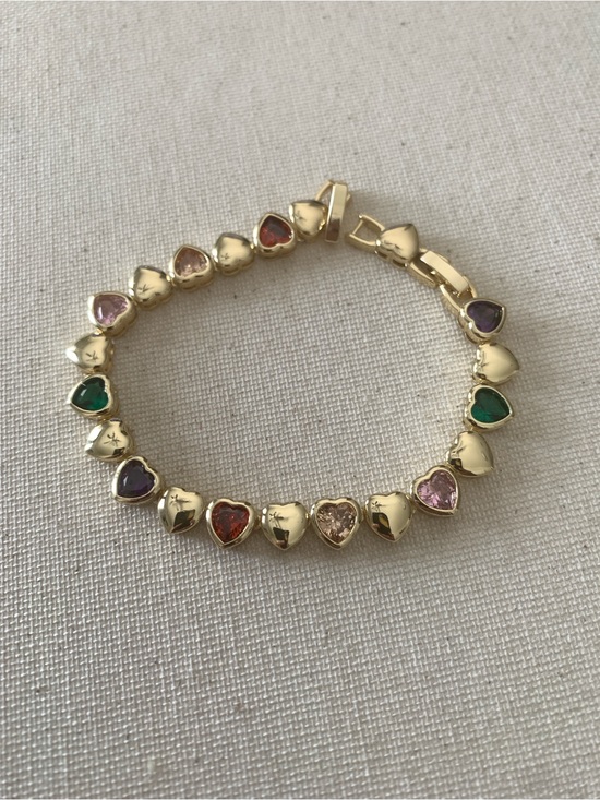 Jewelry - Gold Heart Link Bracelet with Multicolor Gem Hearts